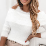 Joskaa Women Fashion Casual Long Sleeve Pullovers Top Brief Cozy  Cold Shoulder White Fluffy Sweater for Women Warm Fluff Tops