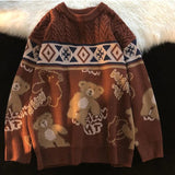 Joskaa retro Y2K bear sweater coat female autumn new loose lazy fashion design sense of niche knitting couple tide brand sweater