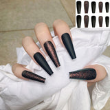 Joskaa 24pcs Leopard Theme Full Cover False Nail Tips 2024 New Style Black Brown Transparent Stiletto French Pearl Fake Nails With Glue