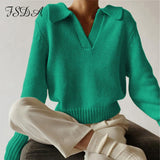 Joskaa Green Long Sleeve Sweater Knitted Women V Neck Autumn Winter 2022 Fashion Pullover Casual Black Top