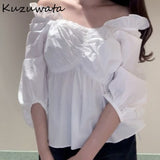 Joskaa Christmas Gift Kuzuwata Sexy Slash Neck Irregular Fungus Shirts 2024 Spring Summer New Design Fashion Woman Clothing Slim Waist Thin Blouses