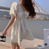 Joskaa hoco dresses Back to College White Elegant Dress Women Square Collar Elegant Vintage Dress Bow Design Office Lady One Piece Dress Korean 2024 Summer Chic