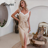 Joskaa Elegant High waist Vneck Spaghetti Strap Dress Summer Lace Straight Women Dress 2024 Solid Lace-up Button Bodycon Dress