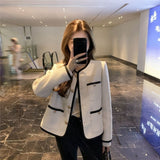 Joskaa Jacket Coat Women Outerwear Female White Autumn Tweed Round Neck Casual Coats Channel Style Za Suit Cropped Stripeed Kawaii