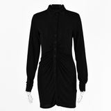 Pleated Turn-Down Collar Button Blouse Dress Women Sexy Long Sleeve Mini Dresses Solid Streetwear Female Shirt Vestidos