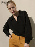 Joskaa Green Long Sleeve Sweater Knitted Women V Neck Autumn Winter 2022 Fashion Pullover Casual Black Top
