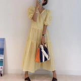 Joskaa Christmas Gift Nomikuma Korean Fashion Plaid Dress Women V Neck Short Sleeve A Line maxi Dresses Robe Casual Sweet New Chic Vestidos Mujer