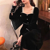 Joskaa Back to College Winter Vintage Black Velvet Dress Women Casual Elegant Long Sleeve Gothic Party Midi Dress Female 2024 One-piece Dress Korean