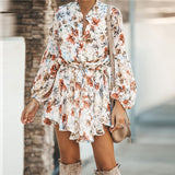 White Ruffled Mini Vintage Print Irregular Dress Autumn Clothing Lantern Sleeve Elegant Dress Lace up Slim Streetwear