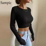 Joskaa Christmas Gift Sampic O Neck White Knitted Ribber Slim Basic T Shirt Tops Women Mini Long Sleeve Y2K Skinny Casual Black Female Crop Tops 2024