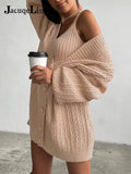 Joskaa Christmas Gift Jacuqeline V Neck Long Sleeve Knitted Sweater Women Cardigan 2024 Winter Sexy Tank Top And Button Oversize Sweaters 2 Piece Set