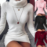 Joskaa hoco dresses Autumn Winter Fashion Turtleneck Sexy Women's Mini Package Hip Dress Casual Solid Long Sleeve Elegant Ladies Slim Furry Dresses