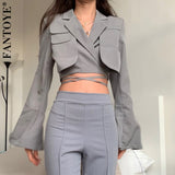 Joskaa Double Layer Lace Up Coat Blazer Slim Women Gray Long Sleeve Pocket Short Jacket Suit Collar Female Outwear Clothes 2024