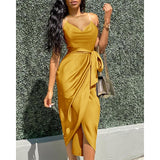 Joskaa Sexy Casual Slit Dress One Shoulder Ruched Design Party Dress  New Spring Summer Belt Ruched Sleeveless Elegant Solid Dress