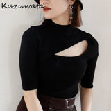 Joskaa Christmas Gift Kuzuwata Japanese Jumpers 2024 Autumn Winter New Women Sweaters Sexy Hollow Collar Half Sleeve Slim Solid Knitted Pullovers