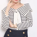 Joskaa Christmas Gift Kuzuwata Spring Chic Stripes Hit Color Patchwork Women Pullover New Sailor Collar Drawstring Knit Woman Sweaters Fashion Tops