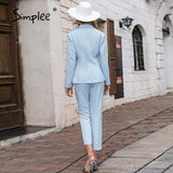 Joskaa Elegant knot women business suit autumn winter Office lace up blue ladies suits blazer Fashion two piece female pant set