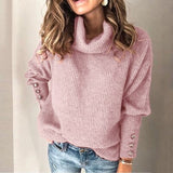 Joskaa Thanksgiving Gift Autumn Winter Fashion Solid Knitted Crop Turtle Neck Tops Women's Sweater  Casual Long Sleeve Buttons Loose Ladies Sweater