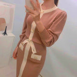 Joskaa 2024 Autumn Korean Knitted Color-blocked Two Piece Sets Women Long Sleeve Cardigan + Elastic Waist Long Skirt Suits Outfits