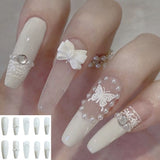 Joskaa 24pcs White 3D Bowknot Heart Almond False Nails With Pearl Rhinestones Finished Fake Nails Patch Full Cover Removable Nail Tips