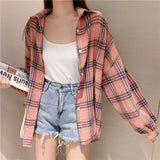 Joskaa Christmas Gift JMPRS Women Plaid Shirt Fashion Korean Loose Student Long Sleeve Autumn School Shirt Casual Button Up Turn Down Collar Tops 2024