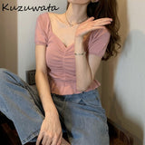 Joskaa Christmas Gift Kuzuwata Sexy Square Collar Clavicle Exposed Short Sleeve Blouse Women Draped Design Ruffles Solid Blusas Summer Shirt Feminino