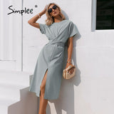 Joskaa Cotton knotted straight women dress Casual O neck chic split dress Elegant green loose short sleeve ladies midi dress