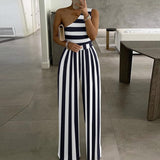 Joskaa Elegant Office Lady Wide Leg Jumpsuit Sexy Off Shoulder Women Rompers Bodysuit Summer Fashion Striped Printed Overalls Playsuits