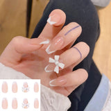 Joskaa 24pcs White 3D Bowknot Heart Almond False Nails With Pearl Rhinestones Finished Fake Nails Patch Full Cover Removable Nail Tips