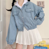 Joskaa Black Friday Sales Japanese Kawaii Girl Denim Short Women Jacket Autumn Ruffled Sweet Cute Loose Cardigan Single Breasted Crop Coat Top Female