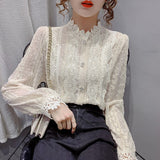 Joskaa Christmas Gift Fashion Long Sleeve Flower Crochet Stitching Blouse Women Spring Elegant Lace Chiffon Shirts Sweet Loose Korean Top Blusas 15996