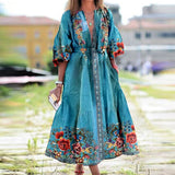 Joskaa Women Print O-Neck Long Dress Vintage Lantern Half Sleeve Dress Autumn Casual Bandage Sashes Maxi Dress Vestidos