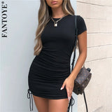 Joskaa-Spring Double Layer Mesh Mini Dress Women Lantern Sleeve Ruched Bodycon Dress Clubwear Sexy Black Backless Vestido