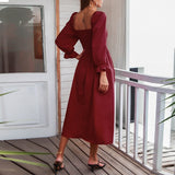 Joskaa Autumn Square Collar Casual Long Dress Women Long Sleeve Pleated Red Maxi Dresses Elegant Female Bust Elastic 2024 Vestidos Rob