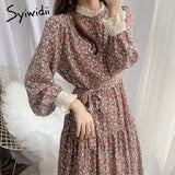 Joskaa Dresses for Women Floral Print Lace Neck Fashion Dress Long Sleeve Spring Autumn Sweet Midi Dresses for Women Party