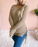 Joskaa Autumn Knitted Sweaters Women Sexy O Neck Solid Split Cross Bandage Long Sleeve Pullover Tops Female Casual Loose Winter Jumper