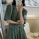 Joskaa Christmas Gift Beiyingni Women Suits Mini Skirts And Cropped Tops Solid Color Korean Office Ladies Two Piece Outfits Pleated Short Skirts Sets