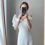 Joskaa Summer A-Line Sweet Dress Korean Fashionable And Elegant Fluffy Sleeve Women'S Retro Pure V-Neck High Waist Dress