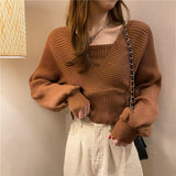 Joskaa Autumn Women Sweaters Casual Puff Long Sleeve Short Jumper Sexy Cross V Neck Fake Two Pieces Sweater Korean Slim Bottom Knitwear