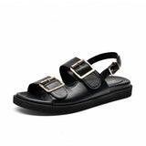 Joskaa  Sandals Women Genuine Cow Leather Metal Detailed Ankle Buckle Strap Summer Beach Ladies Low Heel Shoes Handmade 38128