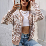 Joskaa Christmas Gift Kefira Autumn Fashion Zebra Striped Cardigan Women Sweater Long Sleeve O Neck Button Black Street Knitted Cardigans Winter 2024