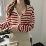 Christmas Gift Spring New Loose Thin O-Neck Short Coat Female College Style Striped Cardigan Thin Tops Korean Knitted Wild Blouse Women 12896