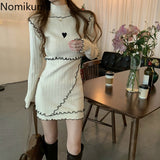 Joskaa hoco dresses Christmas Gift Nomikuma 2024 New Knitted Bodycon Dresses Contrast Color Long Sleeve Turtleneck Stretch Dress Women Love Heart Pattern Robe