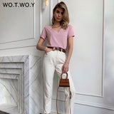 Joskaa Christmas Gift WOTWOY Summer Knitted V-Neck T-Shirt Women Cotton Basic Solid Tee Shirt Female Short Sleeve Kintwear Tops Harajuku Tshirt Ladies