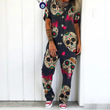 Fashion Cartoon Skull Print Jumpsuit 2021 Spring Summer Casual Button Loose Overalls Bodysuit Women Short Sleeve Romper Playsuit