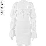 Joskaa hoco dresses FANTOYE Sexy Flare Long Sleeve Square Collar Dress Women Summer Elegant Bandage Bodycon Mini Dresses Streetwear Slim Vestido New