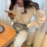 Joskaa Christmas Gift Women Blouses Long Sleeves Shirts OL Lace Solid Female Sailor Collar Elegant Fashion New Korean Style Cute All-match Streetwear