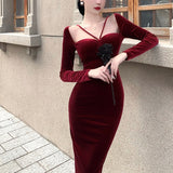 Joskaa Black Friday Sales Red Velvet Elegant Long Dress Women Sexy Strap Slim Christmas Evening Party Dress Winter Vintage Casual Bodycon Y2K Dress Female