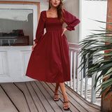 Joskaa Autumn Square Collar Casual Long Dress Women Long Sleeve Pleated Red Maxi Dresses Elegant Female Bust Elastic 2024 Vestidos Rob