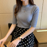 Christmas Gift Pullover Knitted Half Sleeve Shirts 2021 Summer Knitted Sweater Women blouse New Spring Basic Solid Casual Base Korean 13466